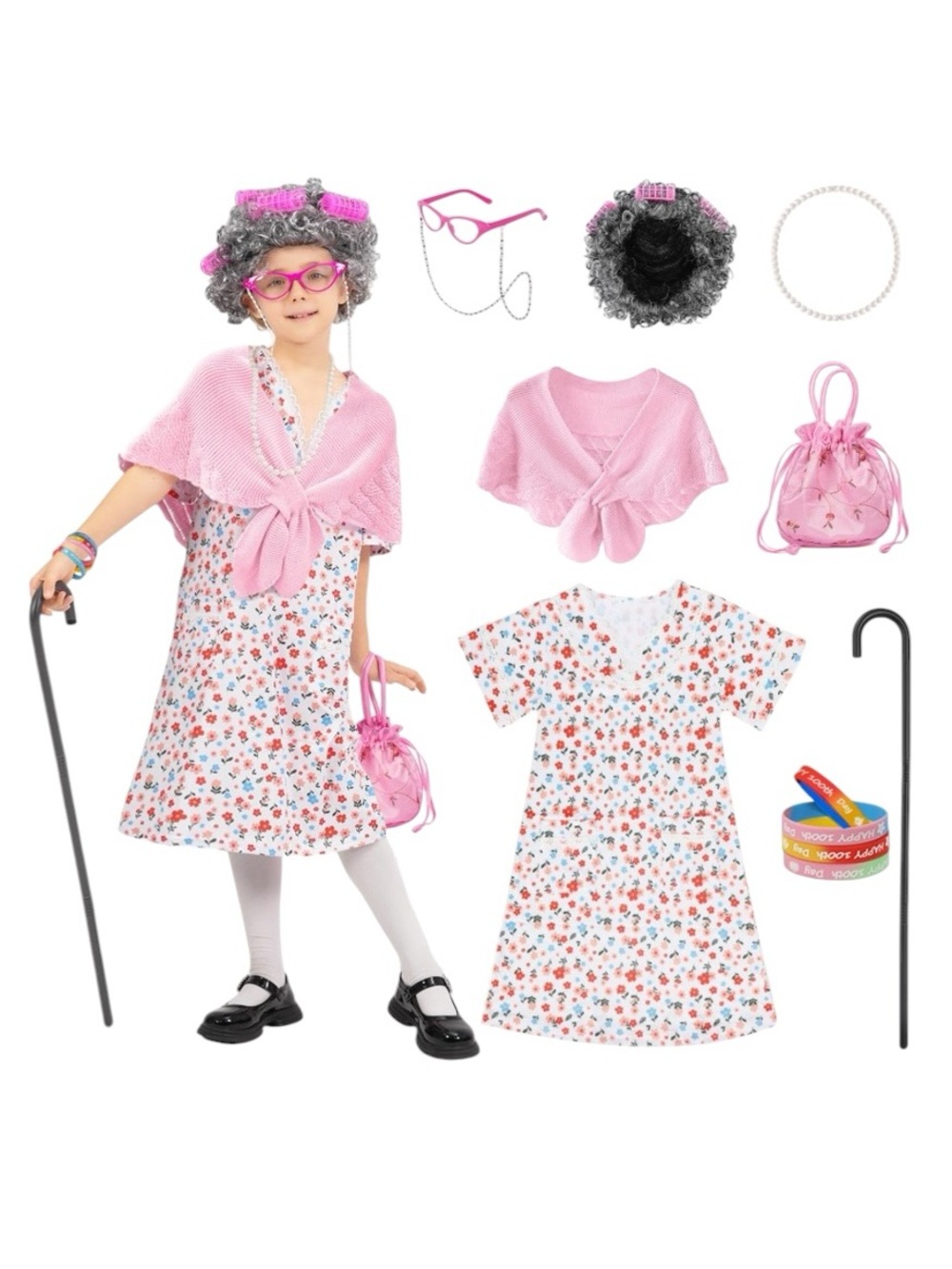 Floral Granny Costume Dress Set with Accessories